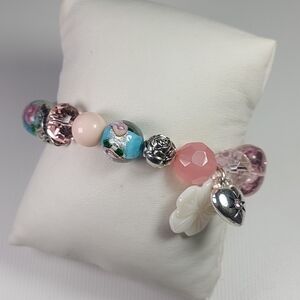 Handmade Glass Bead Charm Bracelet Pink Rose Quartz Beads Floral Murano Silver